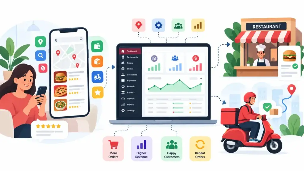 On-Demand Food Delivery Platform Business Model: How Customers, Restaurants, Riders, and Platform Operations Connect 2 Food delivery platform operations dashboard connecting customers, restaurants, riders, payments, refunds, payouts, support, reports, and growth metrics.
