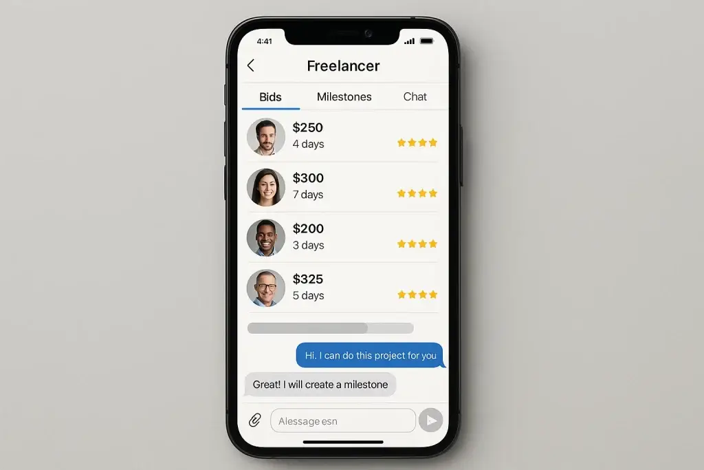 What is Freelancer App and How Does It Work? 1 Smartphone showing a Freelancer Clone App screen with project bids, ratings, and milestone chat between client and freelancer.