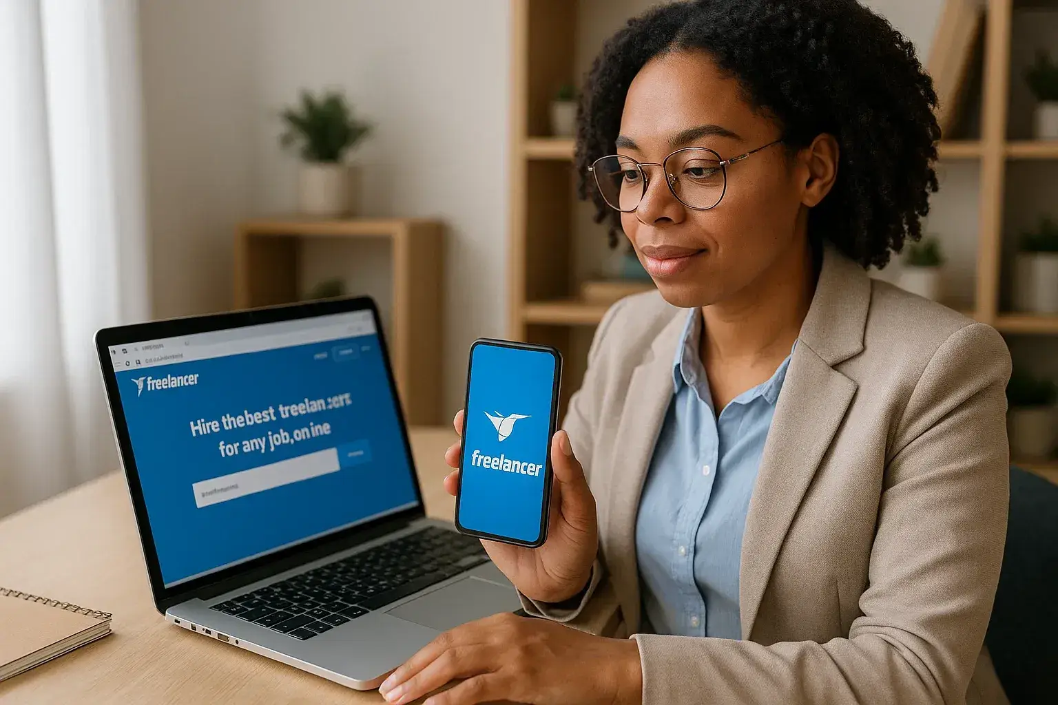 Professional woman using Freelancer Clone App on laptop and smartphone to manage freelance projects online.