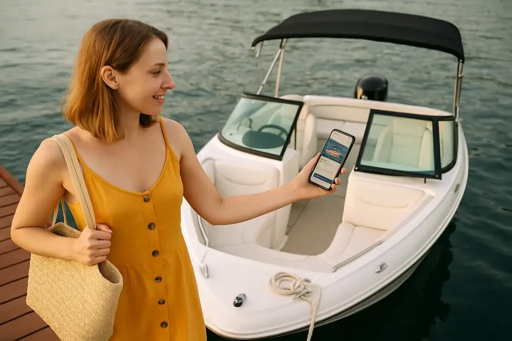 What Is GetMyBoat App and How Does It Work? 2 Woman using the GetMyBoat app on her smartphone to book a boat rental by the dock.
