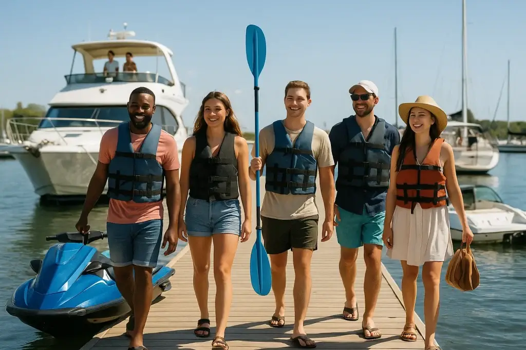 What Is GetMyBoat App and How Does It Work? 1 Happy group of GetMyBoat users walking on the dock preparing for a yacht and jet ski rental.