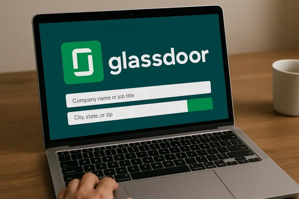 What is Glassdoor App and How Does It Work? 1 Laptop screen displaying Glassdoor job search interface with fields for company name, job title, and location.