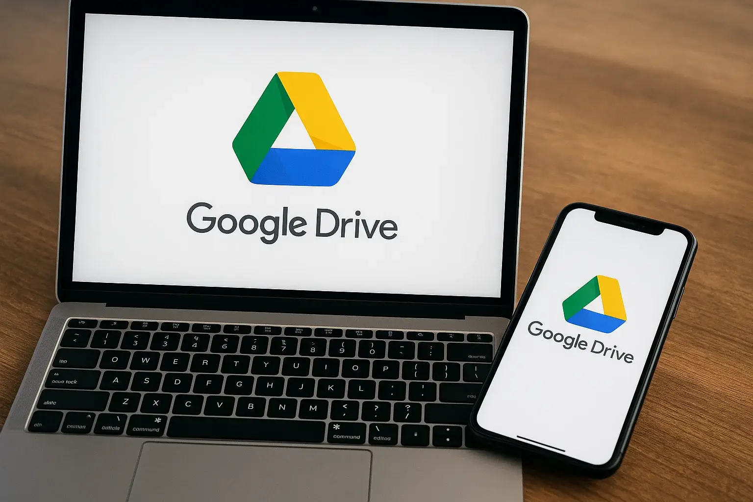 Laptop and smartphone displaying Google Drive logo on their screens