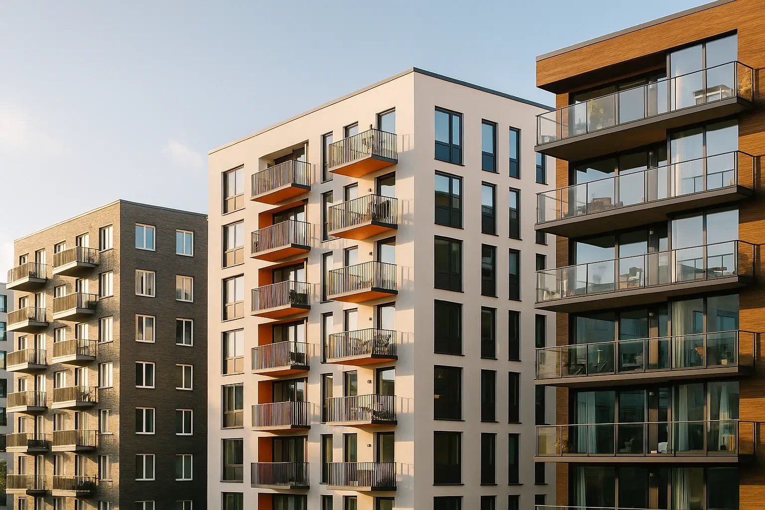 Photo of three modern apartment buildings with balconies against a clear sky, the cover of a guide to a co-living revenue model.