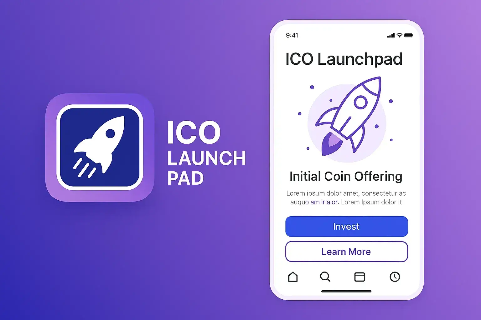 Smartphone displaying ICO Launchpad app interface with rocket icon and investment options for token launch.
