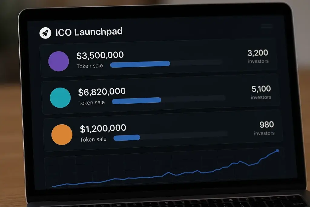 What is an ICO Launchpad App and How Does It Work? 1 Laptop screen displaying ICO Launchpad dashboard with token sale statistics, investor count, and growth chart.