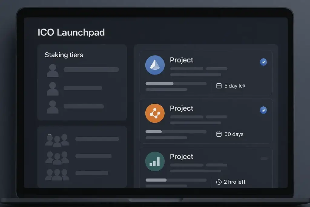 What is an ICO Launchpad App and How Does It Work? 2 Laptop screen showing ICO Launchpad dashboard with staking tiers and active crypto project listings.