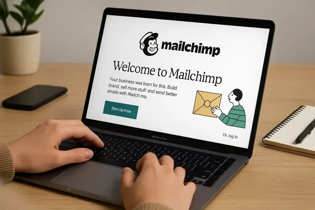 Person using laptop with Mailchimp login and signup page on screen