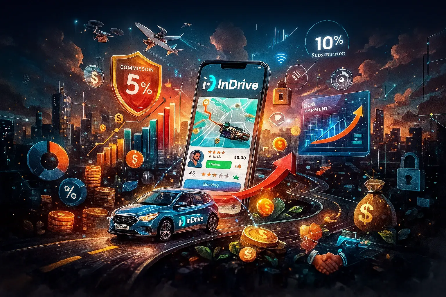InDrive revenue model illustration showing ride-sharing app, drivers, and global digital earnings in 2025