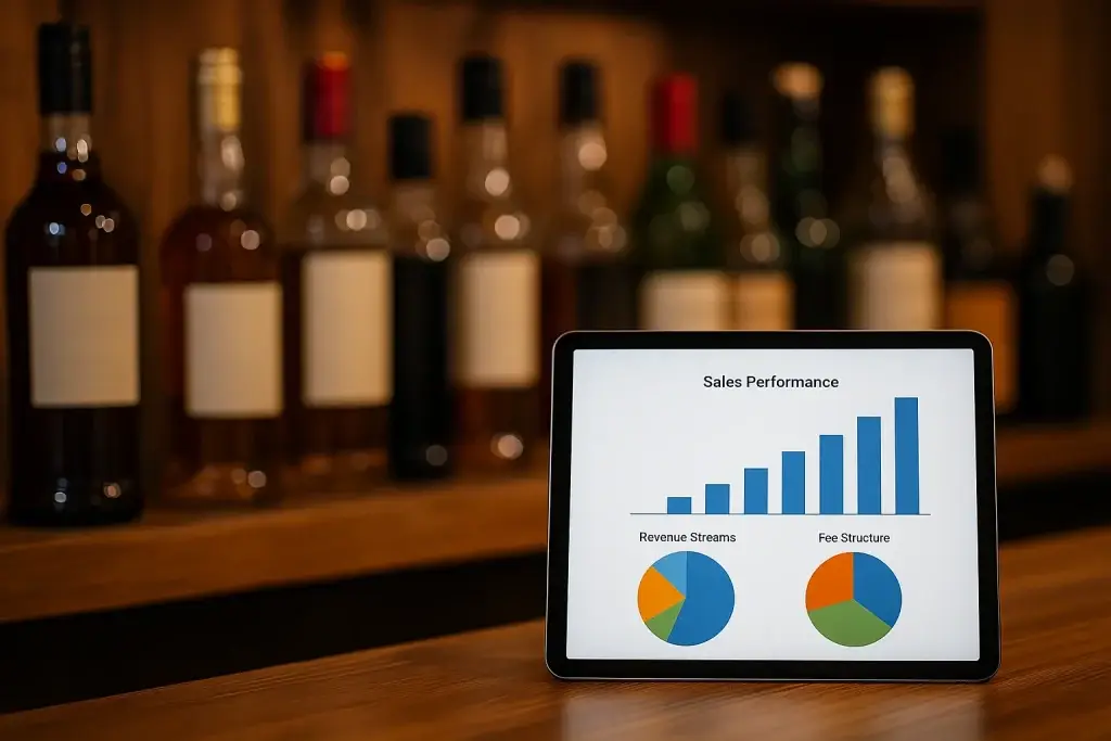 Creative feature image showing liquor bottles and analytics dashboard symbolizing Nestor Liquor Clone revenue strategy