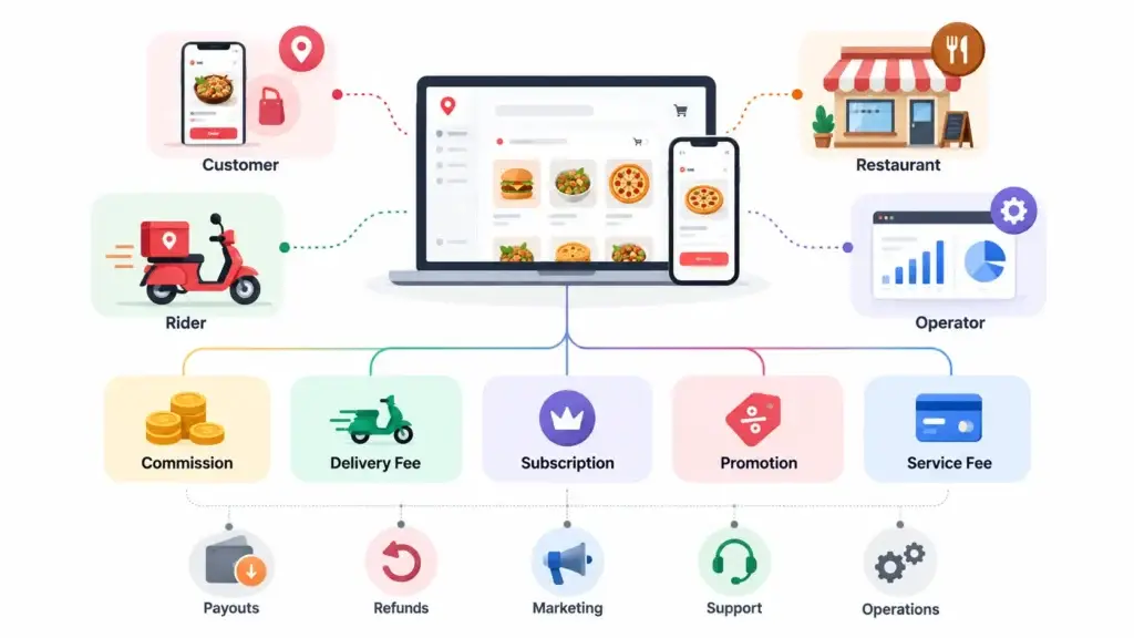 How On-Demand Food Delivery Platforms Generate Revenue From Commissions, Delivery Fees, Subscriptions, and Promotions 1 On-demand food delivery platform business model connecting customers, restaurants, riders, and operators with multiple revenue streams.