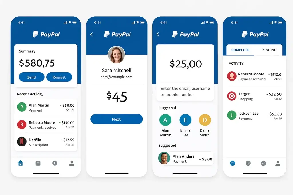 What is PayPal and How Does It Work? 2 PayPal mobile app interface displaying balance summary, transaction activity, and send or request money options across multiple screens