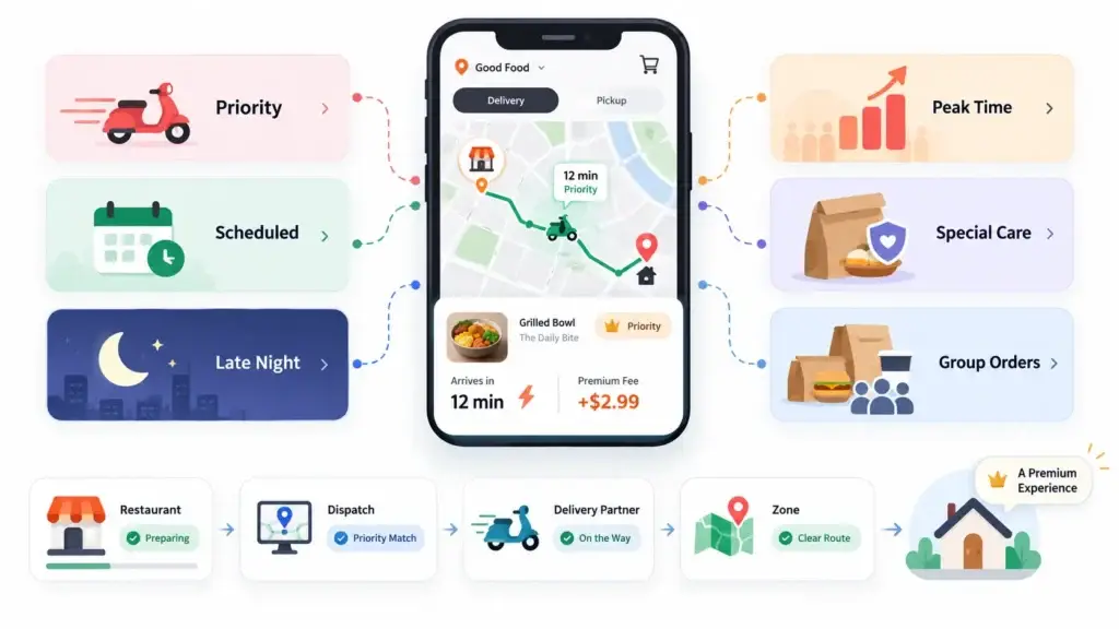 How Food Delivery Marketplaces Generate Revenue From Commissions, Delivery Fees, Subscriptions, and Promotions 2 Premium food delivery services showing priority delivery, scheduled orders, late-night delivery, peak-time fees, special care, and group orders