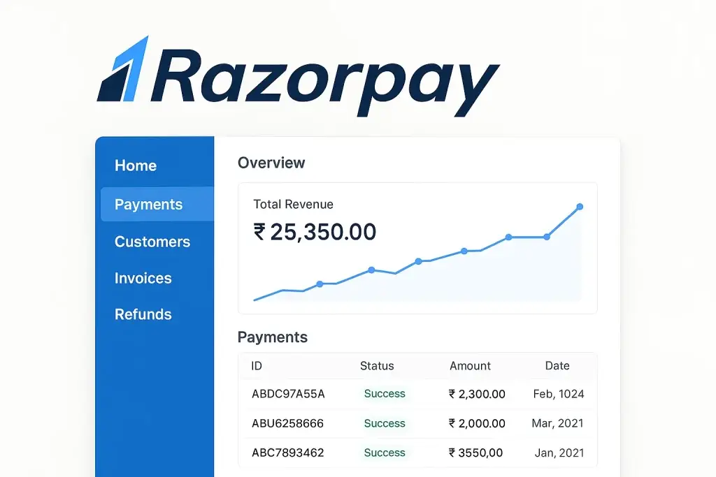 What is Razorpay and How Does It Work? 1 Razorpay dashboard interface showing payment summary, customer data, invoices, refunds, and total revenue analytics chart.
