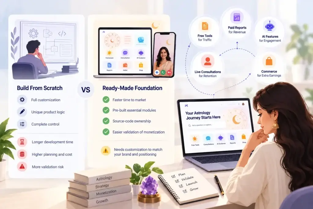 Astrology Portal Platform Business Model: Turning Free Tools and Content Into Paid Services 2 Ready-made astrology platform compared with custom development, featuring free tools, paid reports, consultations, AI features, and commerce.