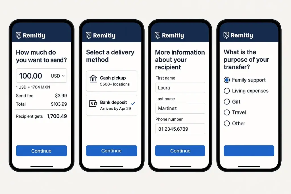 What is Remitly and How Does It Work? 2 Four smartphone screens showing Remitly app steps for sending money internationally including amount, delivery method, recipient details, and purpose of transfer.