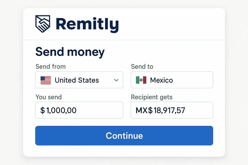 What is Remitly and How Does It Work? 1 Remitly app interface showing money transfer from United States to Mexico with exchange rate and recipient amount