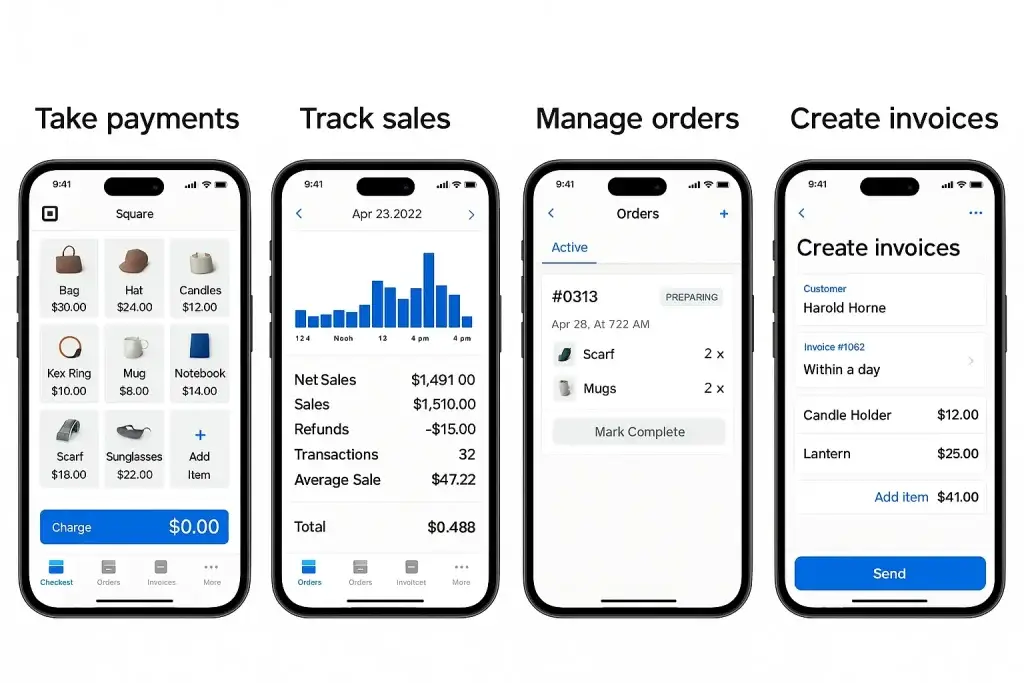 What is Square App and How Does It Work? 2 Square mobile app interface showing payment processing, sales tracking, order management, and invoice creation features for businesses