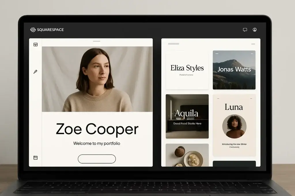What is Squarespace App and How Does It Work? 1 Laptop displaying the Squarespace website builder with portfolio templates and customization options