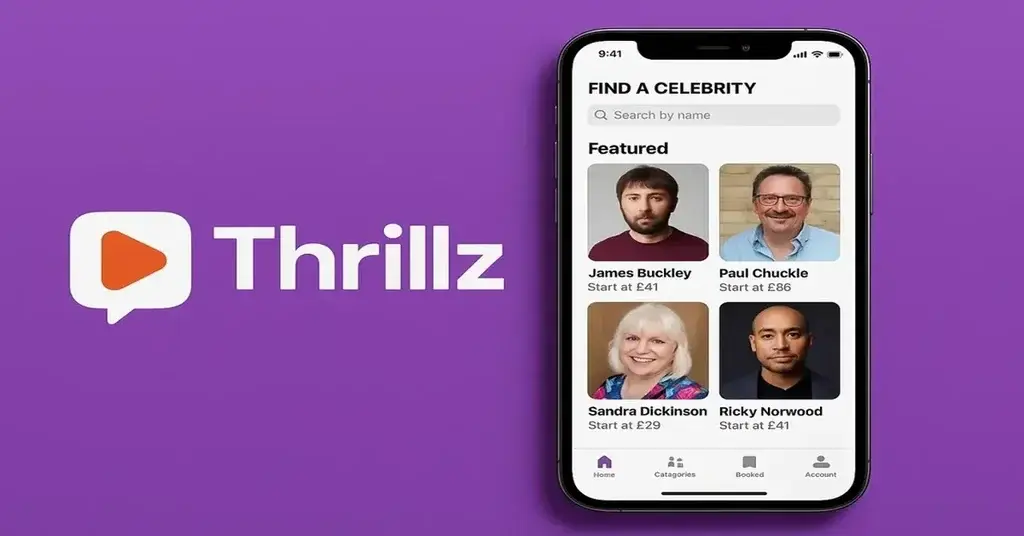 What is Thrillz App and How Does It Work? 2 Thrillz app feed showing celebrity profiles with user reviews and blue booking buttons for video messages.