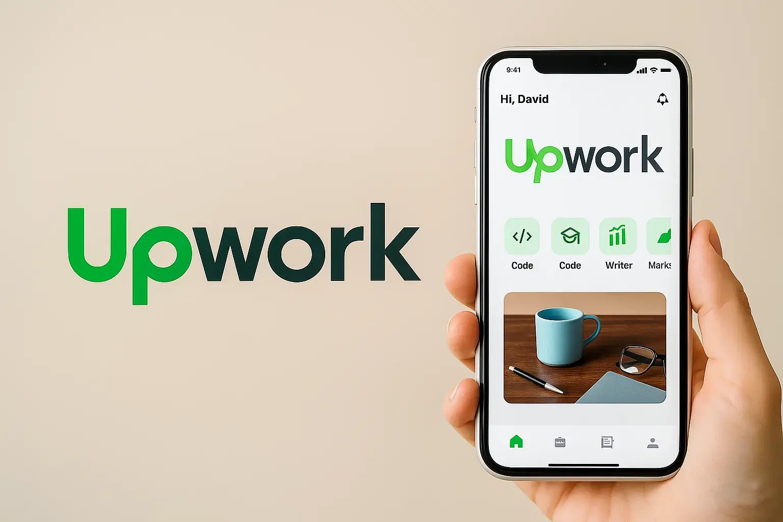 Person holding a smartphone showing the Upwork app interface with the Upwork logo on a beige background.