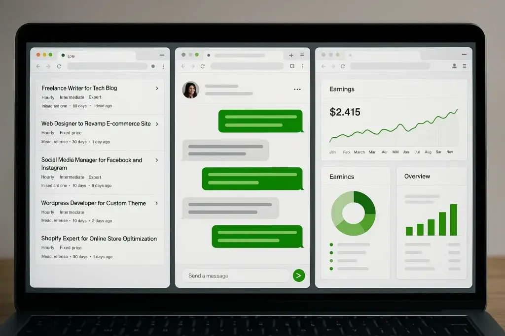 What is Upwork App and How Does It Work? 2 Laptop screen displaying Upwork freelancer dashboard with client chats, job listings, and earnings analytics charts.