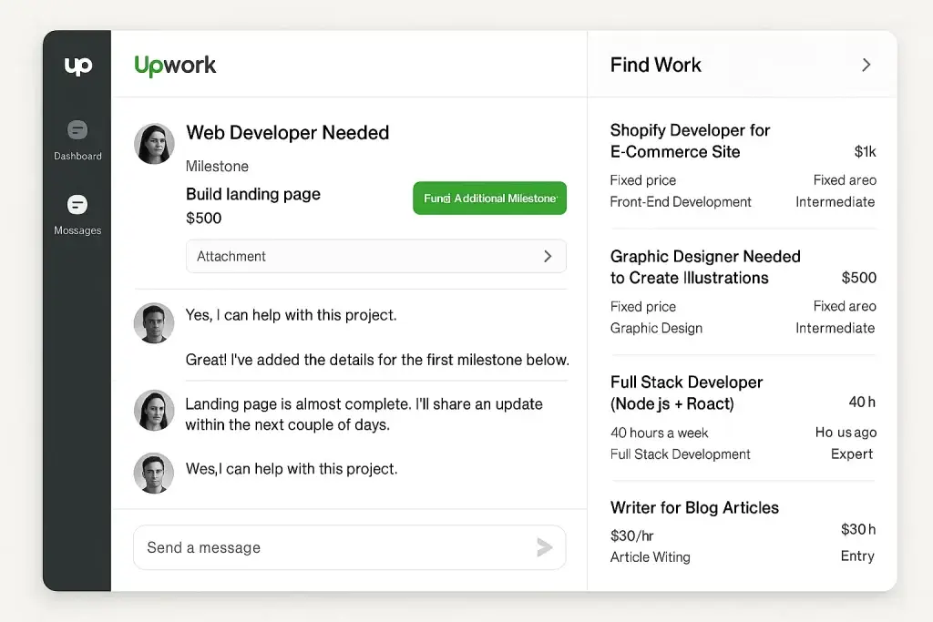 What is Upwork App and How Does It Work? 1 Upwork freelancer dashboard displaying active job listings, client messages, and milestones for web development projects