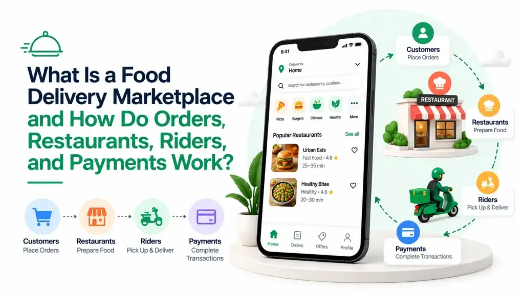 Food delivery marketplace showing how customers, restaurants, riders, and payments work together