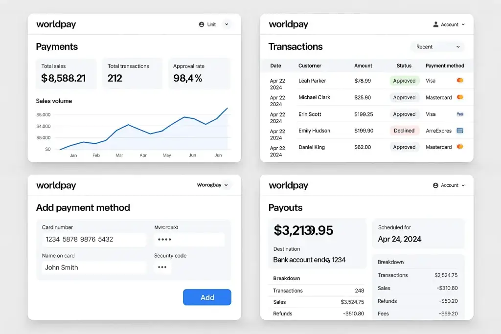 What is Worldpay and How Does It Work? 2 Worldpay dashboard interface showing payment analytics, transaction details, payout history, and new payment form for merchants.