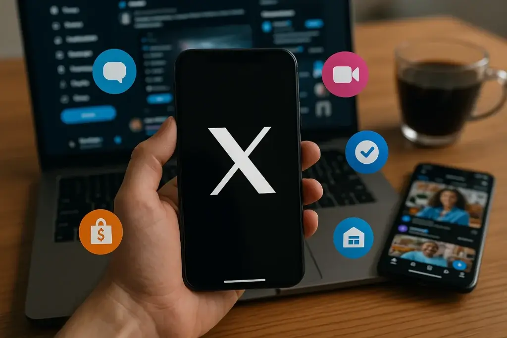 What is X App and How Does It Work? 1 Person holding smartphone with X app logo surrounded by social media icons for chat, video, payment, and verification