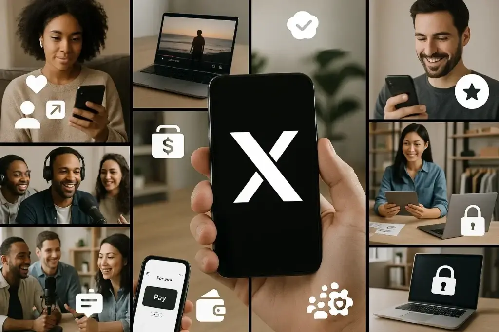 What is X App and How Does It Work? 2 People using the X app on phones, tablets, and laptops representing social, video, and payment features
