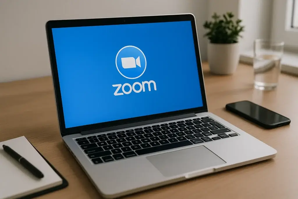 Laptop displaying the Zoom app logo on screen placed on a wooden desk.