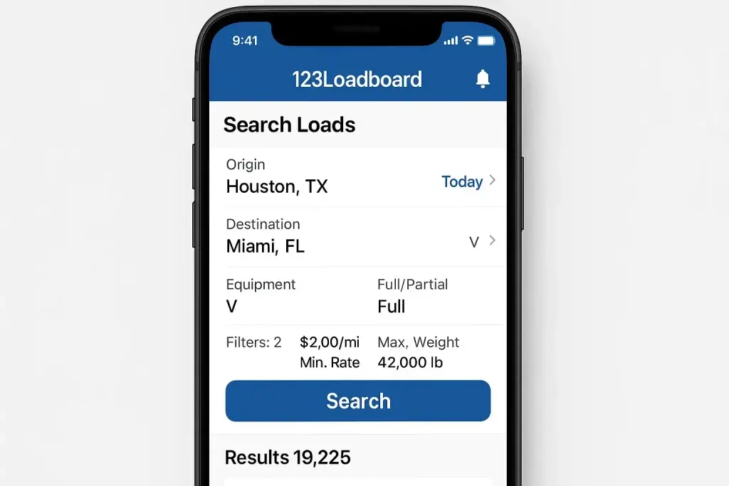 What Is 123Loadboard & How Does It Work? 1 123Loadboard screen showing advanced search for freight loads with equipment filters, location and minimum rate settings.