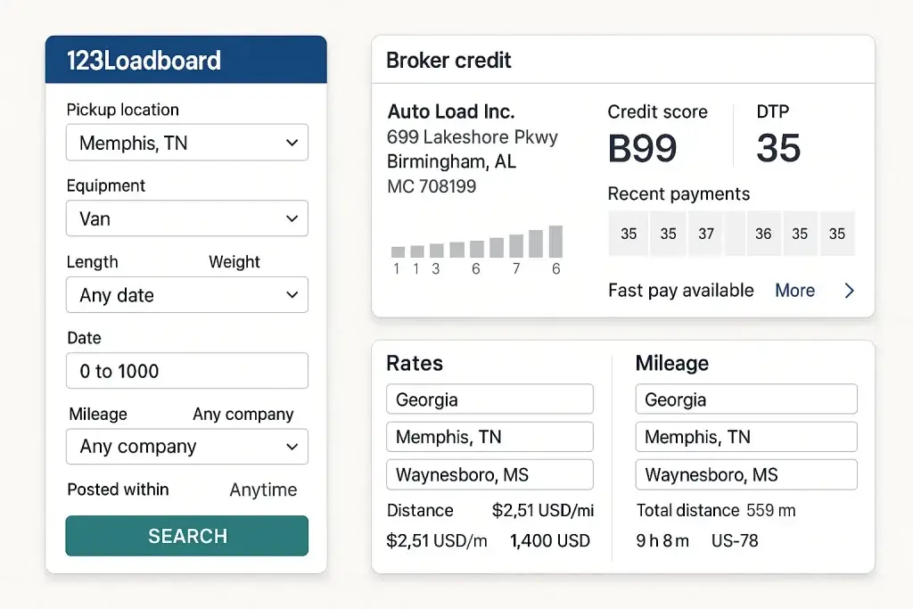 What Is 123Loadboard & How Does It Work? 2 A detailed screenshot of the 123Loadboard app interface showing a load search form with fields such as pickup location Memphis TN, equipment type van, date range, mileage filters, and a broker credit panel displaying Auto Load Inc. credit score B99, DTP 35, recent payment history, and freight rates and mileage information for Georgia, Memphis TN, and Waynesboro MS.