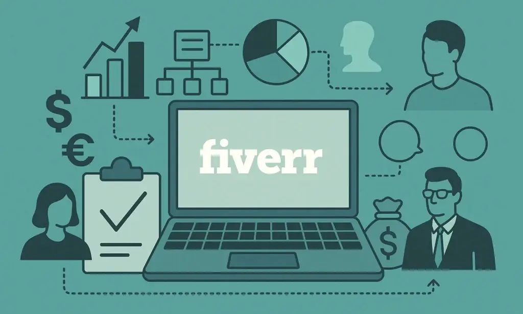 Concept illustration showing business model of fiverr - digital freelance marketplace ecosystem with global connectivity and AI-driven collaboration