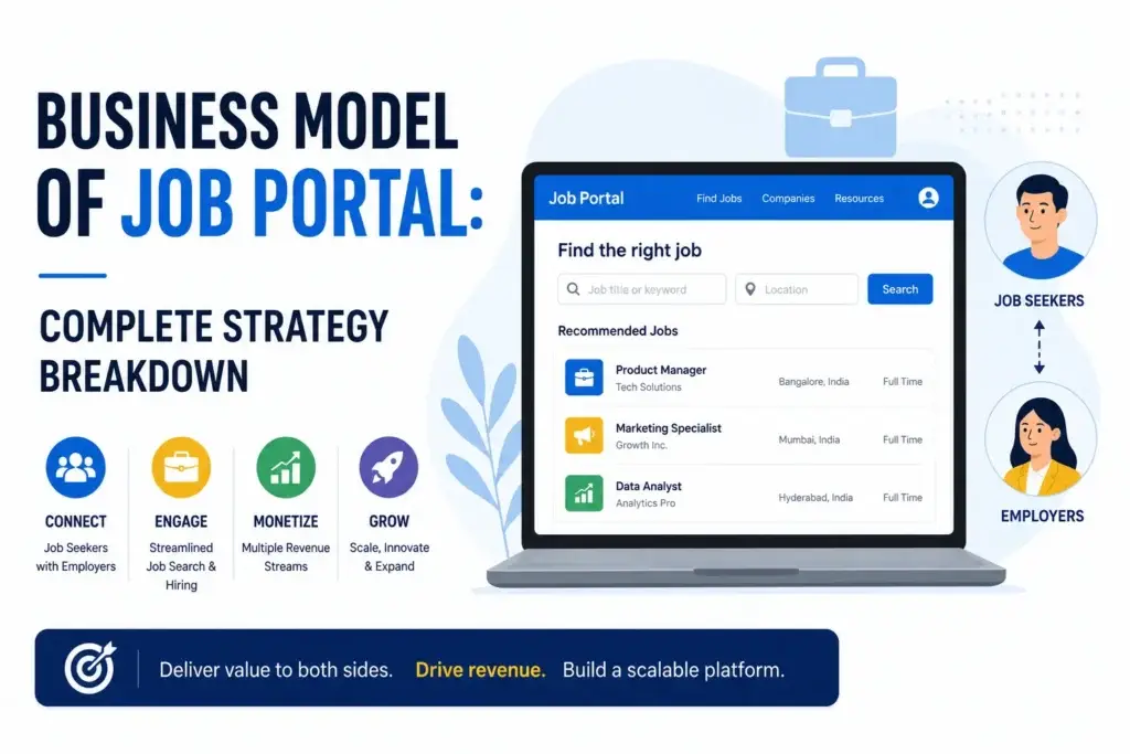 Simple business model feature image showing a modern job portal platform connecting job seekers and employers through an online recruitment marketplace, with a clean dashboard interface and growth-focused visual elements.