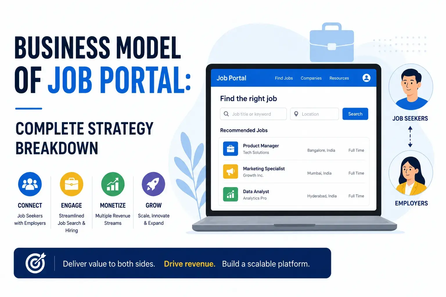 Simple business model feature image showing a modern job portal platform connecting job seekers and employers through an online recruitment marketplace, with a clean dashboard interface and growth-focused visual elements.