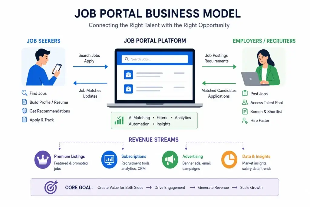 Business Model of Job Portal : Complete Strategy Breakdown 1 Informative job portal business model infographic showing how job seekers and employers connect through a digital hiring platform powered by AI matching, automation, and multiple revenue streams.