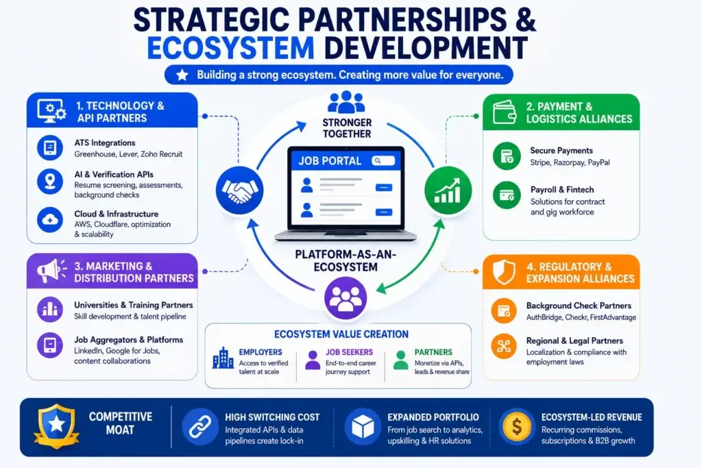 Business Model of Job Portal : Complete Strategy Breakdown 2 Informative job portal business model infographic showing how job seekers and employers connect through a digital hiring platform powered by AI matching, automation, and multiple revenue streams.