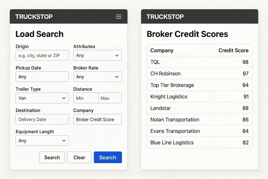 What Is Truckstop Load Board and How Does It Work? 2 โA split view of Truckstop app showing the freight load search filters on the left and verified broker credit scores on the right โ helping truck drivers choose safe and trustworthy freight brokers before hauling a load.โ