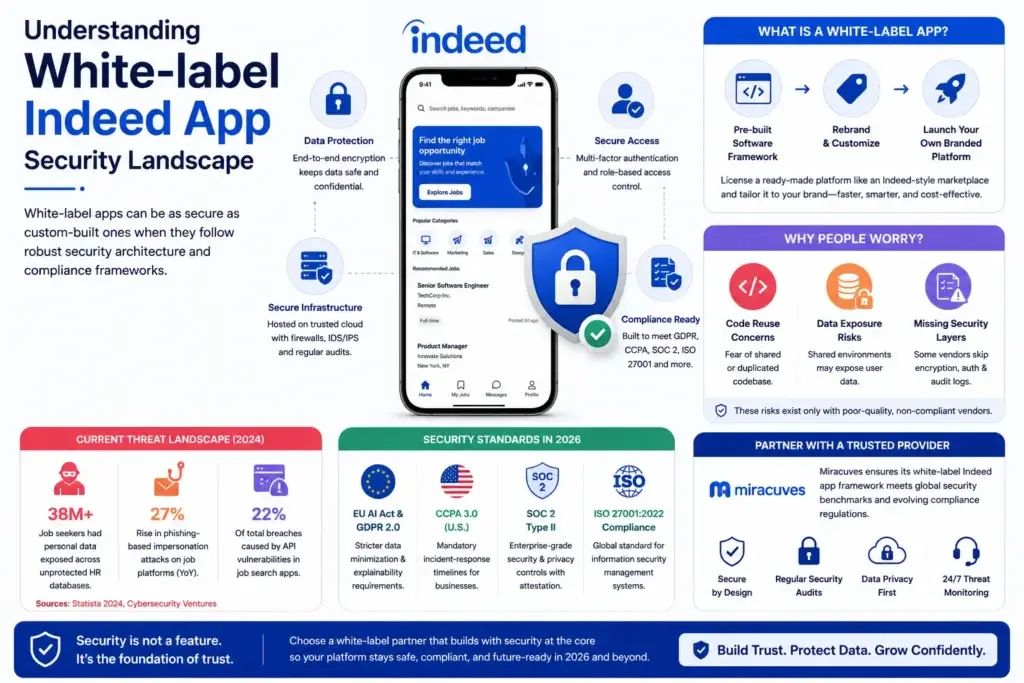 White-label Indeed App Security: Is It Really Safe in 2026? 1 Modern Indeed-inspired security feature image showing a job portal mobile app protected by a large security shield, highlighting data protection, secure authentication, compliance standards, cloud security, and user privacy in a clean blue-and-white corporate design.