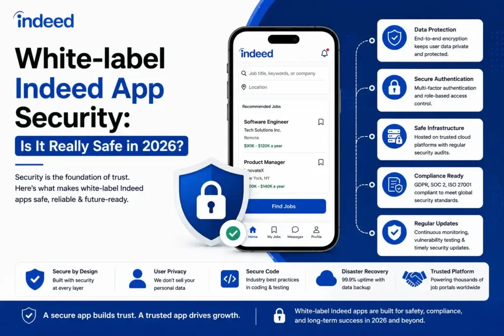 Modern Indeed-inspired security feature image showing a job portal mobile app protected by a large security shield, highlighting data protection, secure authentication, compliance standards, cloud security, and user privacy in a clean blue-and-white corporate design.