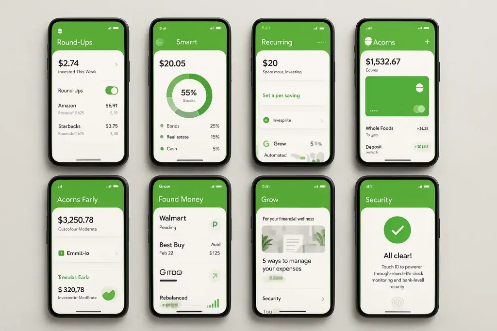 What is Acorns and How Does It Work? 2 Acorns app showing multiple screens with features like round-ups, smart investing, found money, and financial growth tracking.