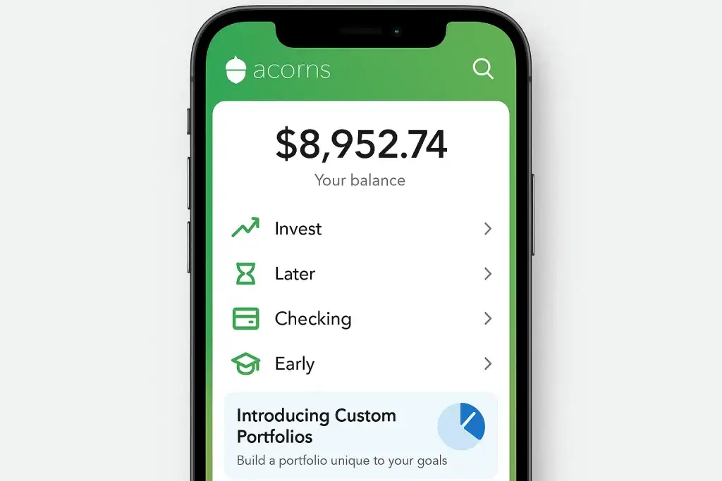 What is Acorns and How Does It Work? 1 Acorns app showing total balance and investment options with custom portfolio feature on smartphone screen.