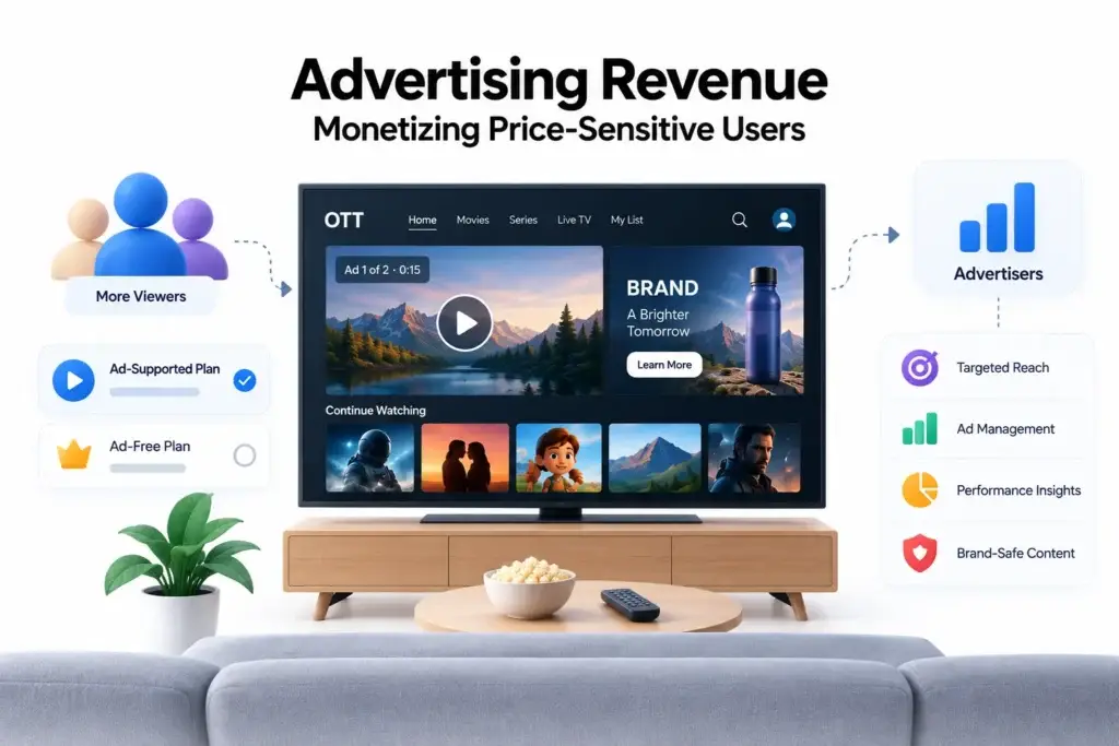 How OTT Streaming Platforms Generate Revenue From Subscriptions, Ads, Rentals, and Premium Content 1 OTT streaming platform advertising revenue model showing ad-supported plans, more viewers, advertiser reach, ad management, and performance insights.