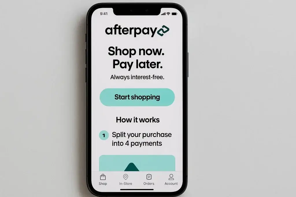 What is Afterpay and How Does It Work? 1 Mobile screen showing the Afterpay app interface with “Shop now. Pay later.” message, interest-free installment option, and shopping navigation menu.