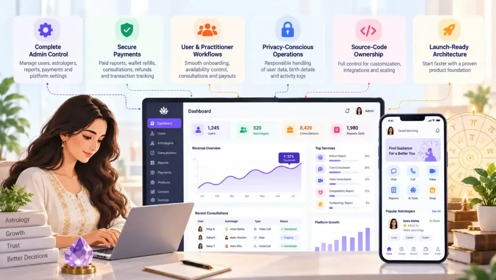 Trust and Security in an Astrology Portal Platform: Data Protection, Access Control, and Payment Safety 2 Astrology platform with an admin dashboard, mobile app, secure payments, practitioner workflows, privacy controls, and launch-ready architecture.