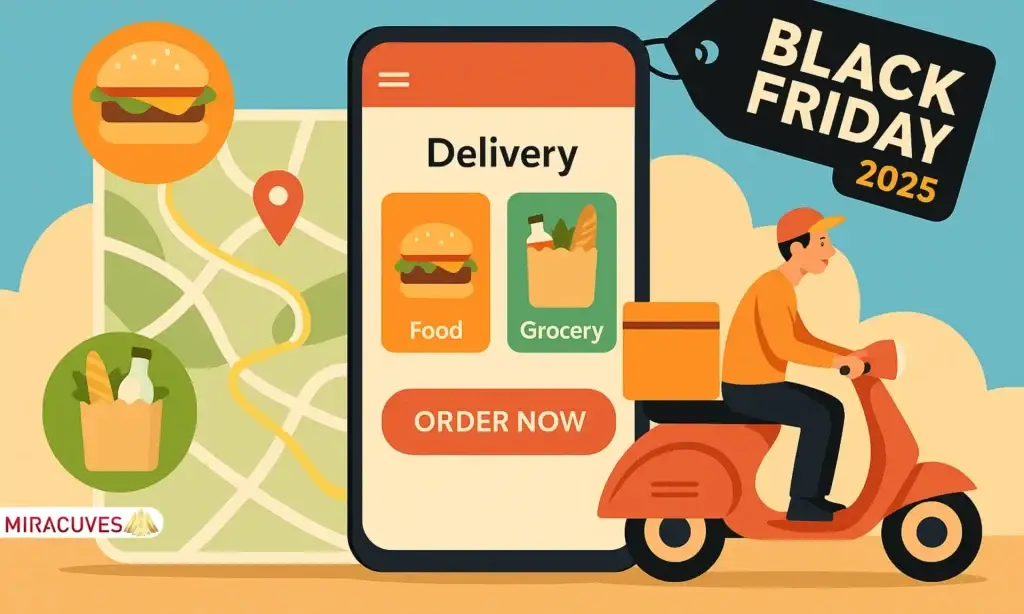 Black Friday 2025 food and grocery delivery app illustration with rider and mobile interface