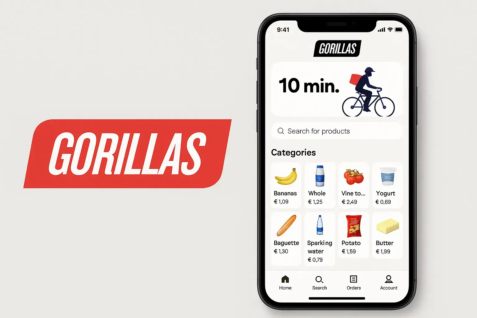 Gorillas app logo and interface showing grocery categories and 10-minute delivery screen
