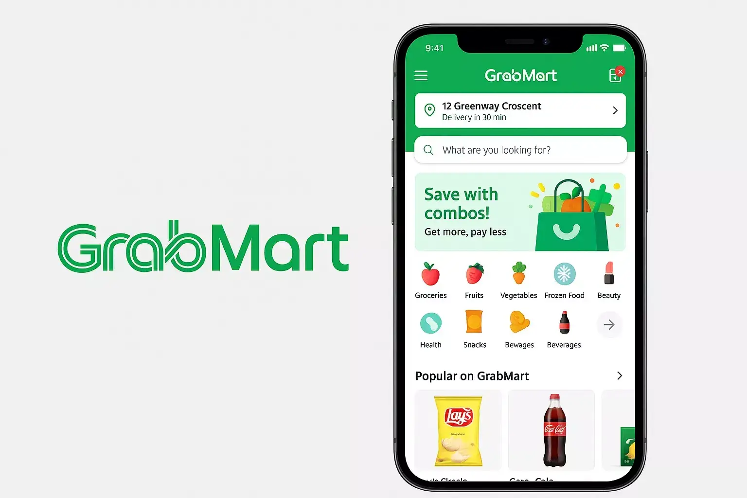 GrabMart app home screen with grocery categories and delivery ETA displayed.